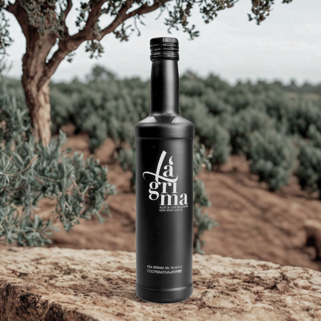 Etiqueta del Aceite de Oliva Virgen Extra Lágrima 500 ml, variedad Serrana del Palancia, con diseño elegante y denominación de origen