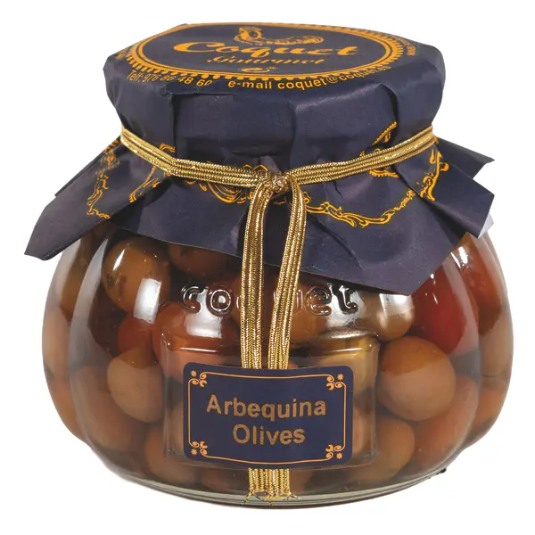 Aceitunas arbequinas aliñadas Coquet en tarro de cristal formato lujo 250 ml