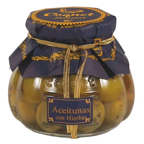 Aceitunas manzanilla con hierbas Coquet en tarro de cristal formato lujo 250 ml
