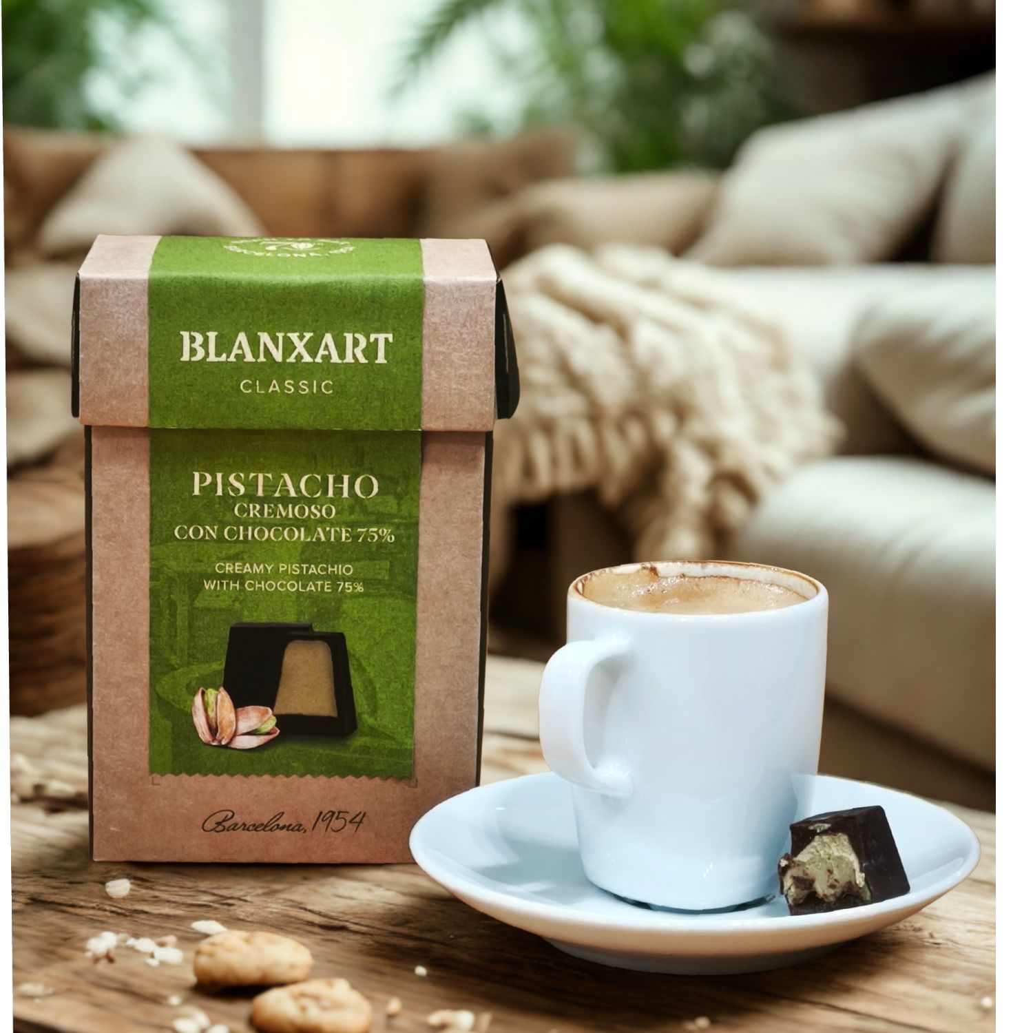 Bombones de pistacho Blanxart junto a un café con un bombón donde se ve el interior