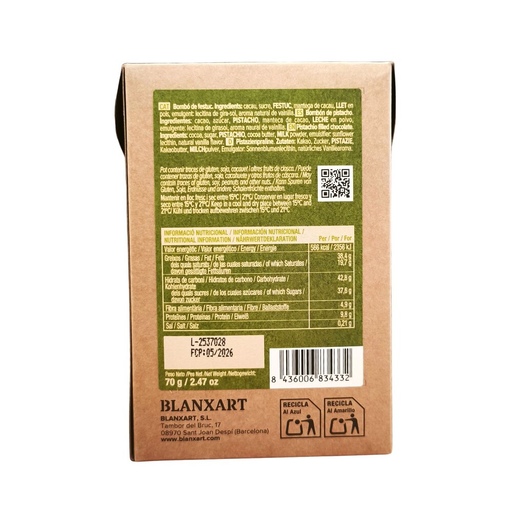 Ingredientes e información nutricional de los bombones de pistacho con chocolate puro al 75% de Blanxart