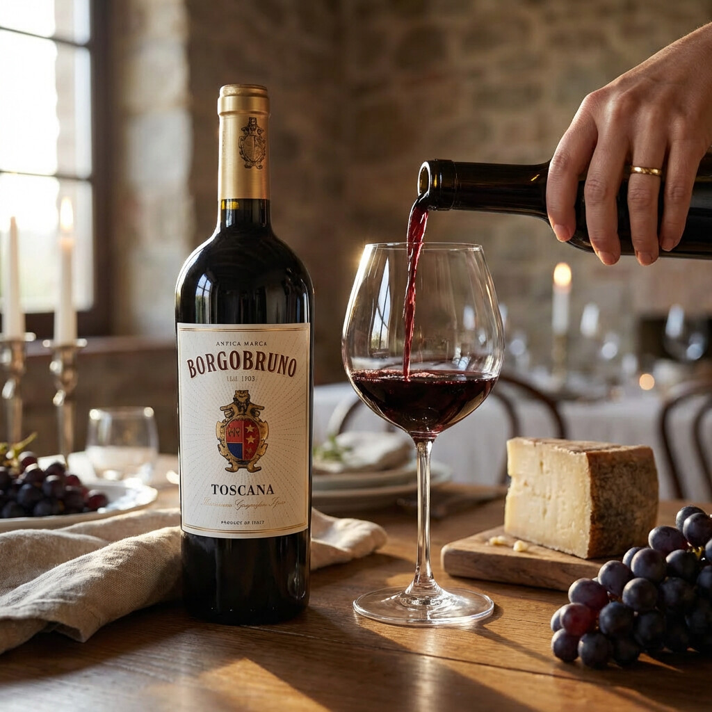 Servicio en copa de vino tinto italiano de la Toscana variedad sangiovese Borgobruno