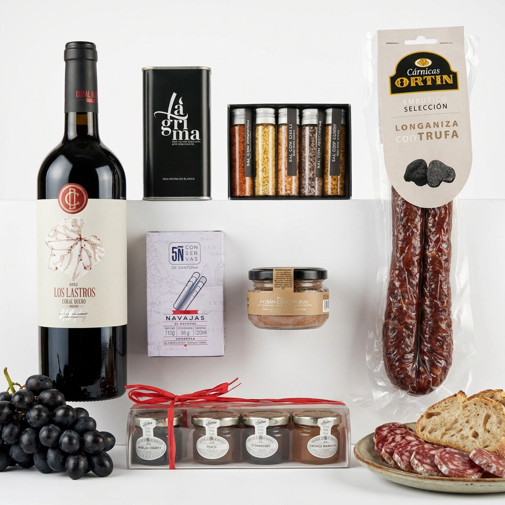 Caja gourmet con vino de la denominación de origen Toro con embutidos, conservas, aceite, sales, paté y mermeladas