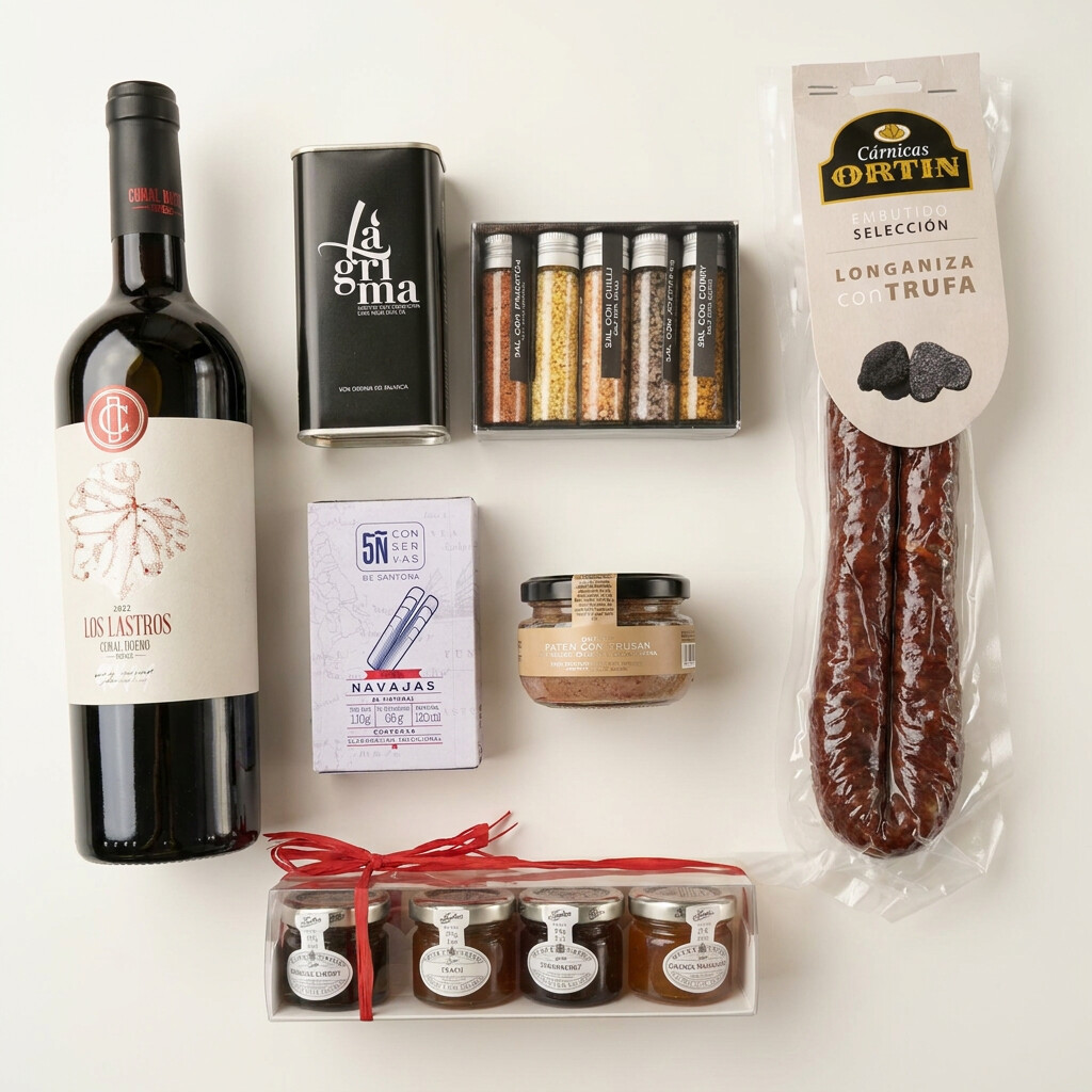 Caja regalo gourmet con vino, embutido, mermeladas, aceite, paté navajas y sales condimentadas