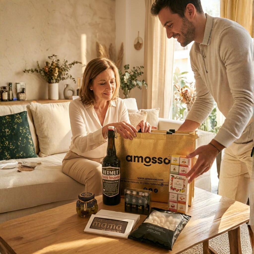 Caja gourmet Dia de la Madre con vermut y chocolates lista para entregar packaging premium