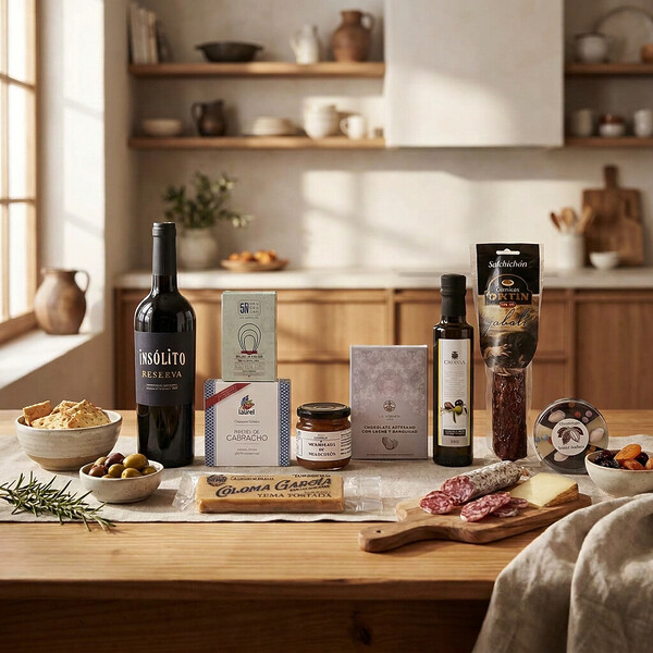 Caja regalo gourmet 'Insólito' con vino tinto reserva portugués, ebutido, conservas y dulces