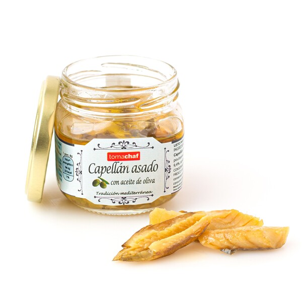 Tarro de capellán asado Tomachaf con aceite de oliva y girasol listo para servir