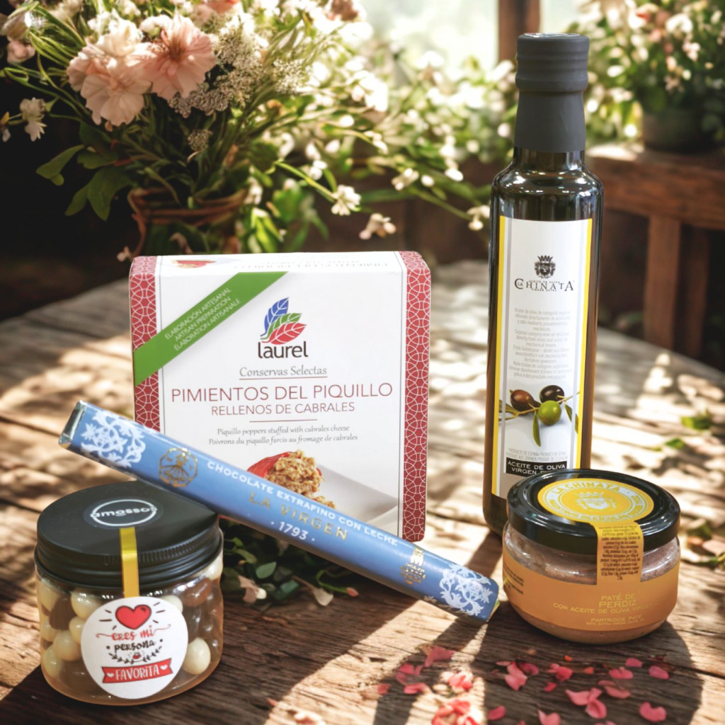 Regalo gourmet con productos exclusivos de La Chinata, Conservas Laurel y chocolates artesanos de Marcos Tonda y Rafael Andreu, ideal para sorprender a tu persona favorita
