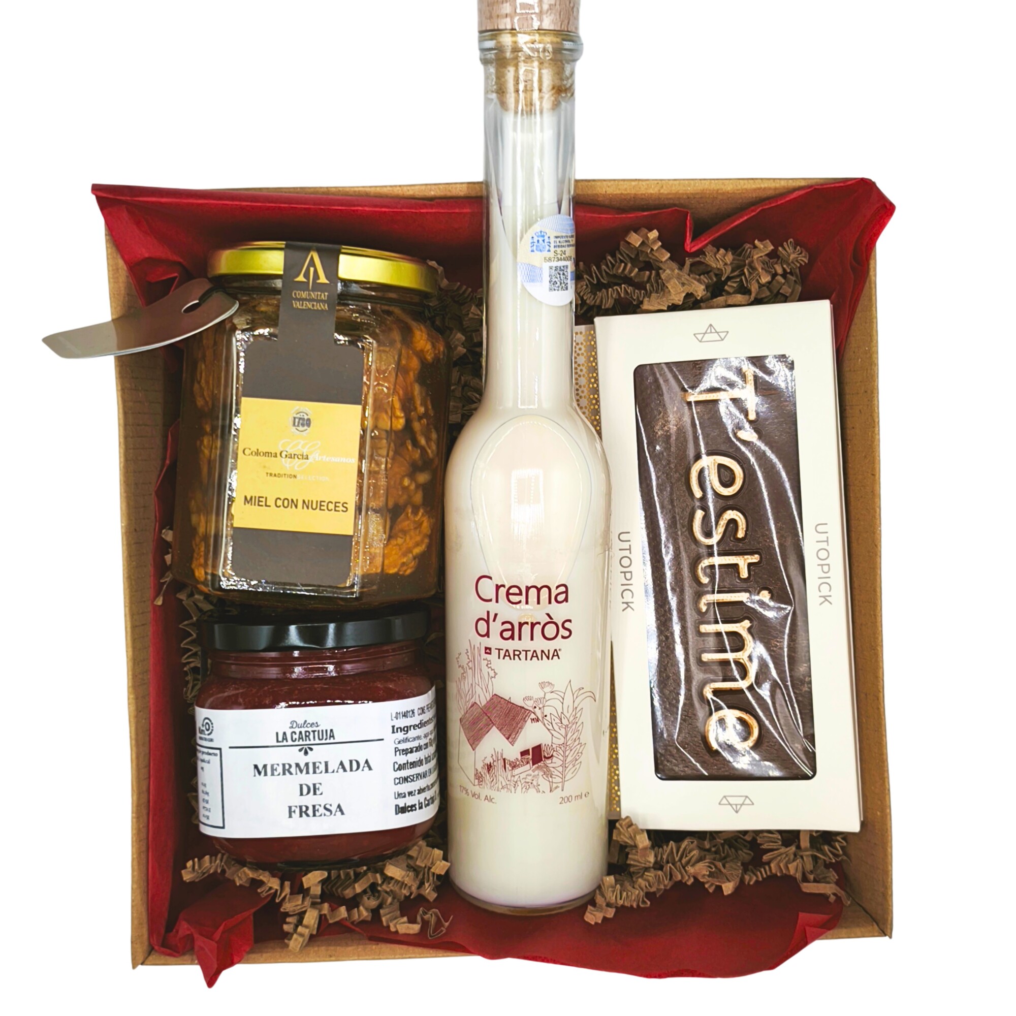 Cesta enamorados estime sin celofán Cesta regalo gourmet T’estime con licor de arroz, miel con nueces, mermelada de fresa y chocolate artesano, productos artesanos de la Comunidad Valenciana