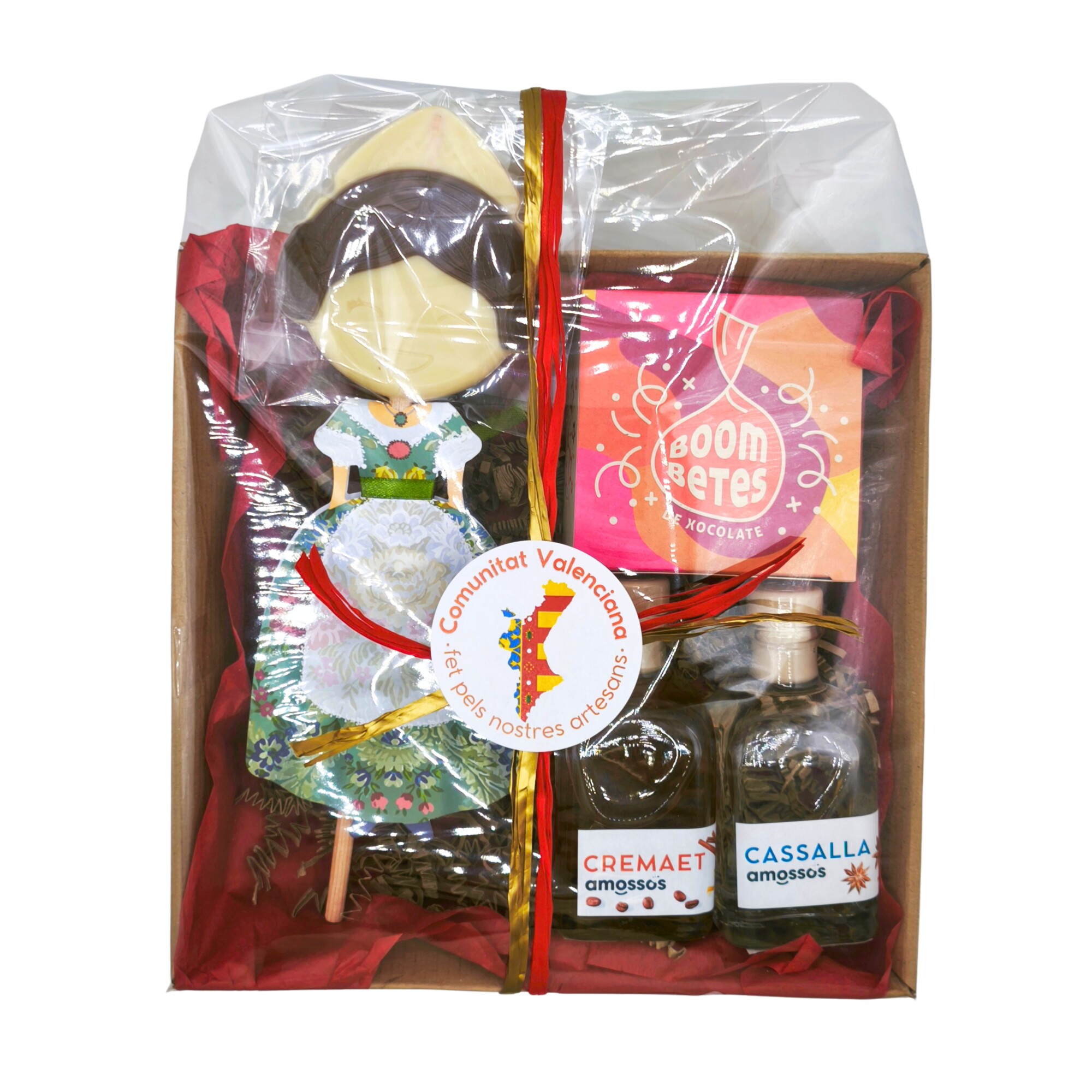 Licor cremaet y licor de cazalla valencianos en cesta gourmet fallera