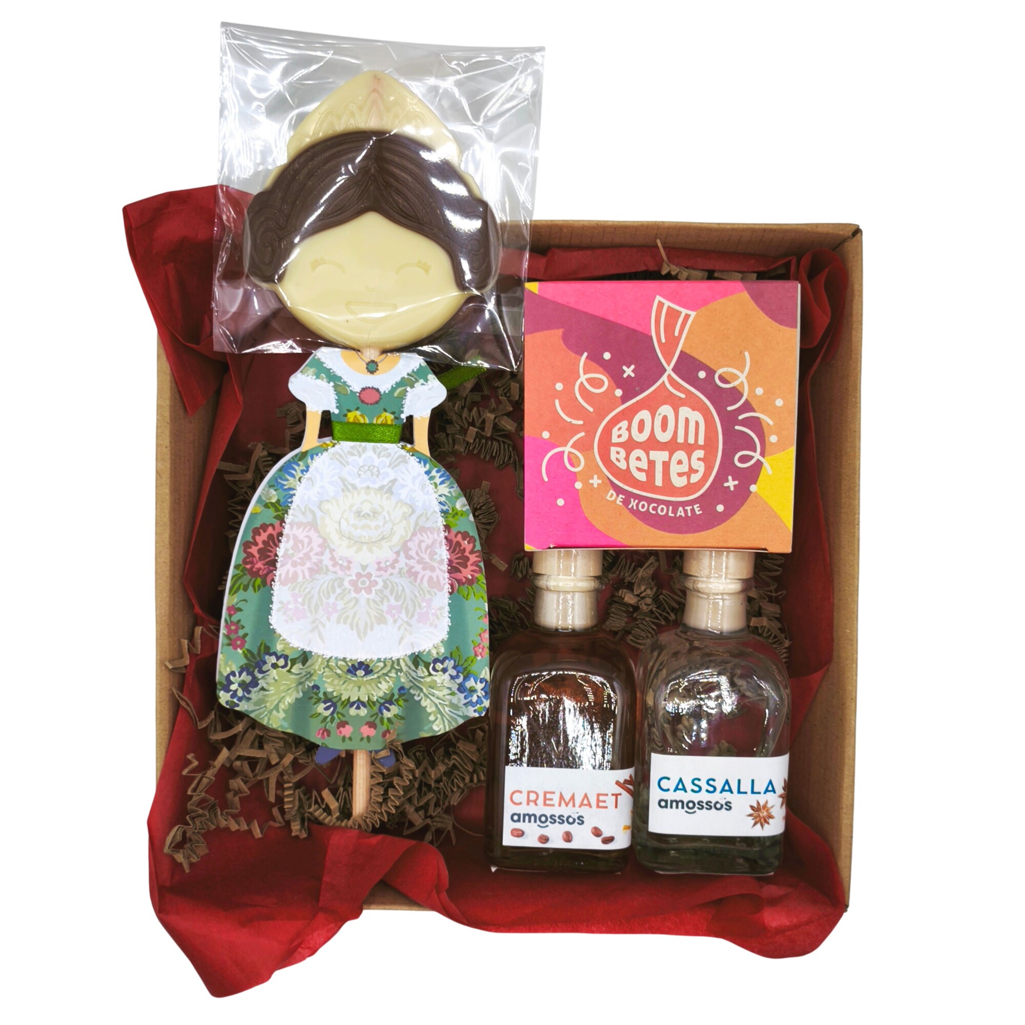 Cesta gourmet fallera con chocolate artesanal valenciano, cremaet y cazalla, pack regalo para Fallas