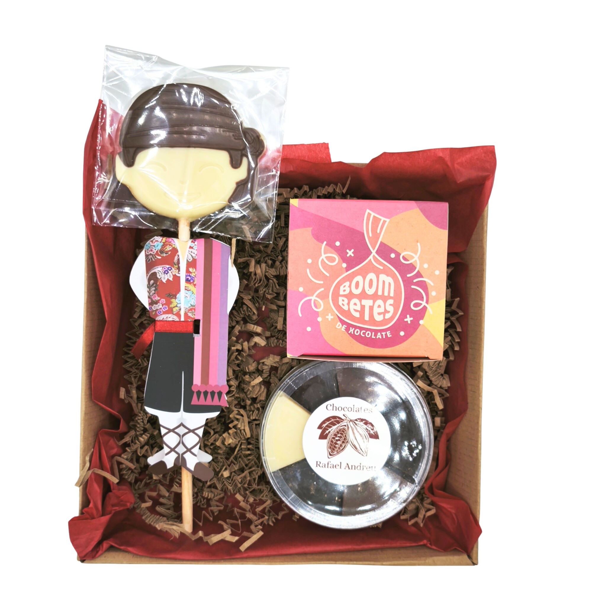 Piruleta de chocolate de fallero con traje regional en pack regalo sin alcohol para Fallas