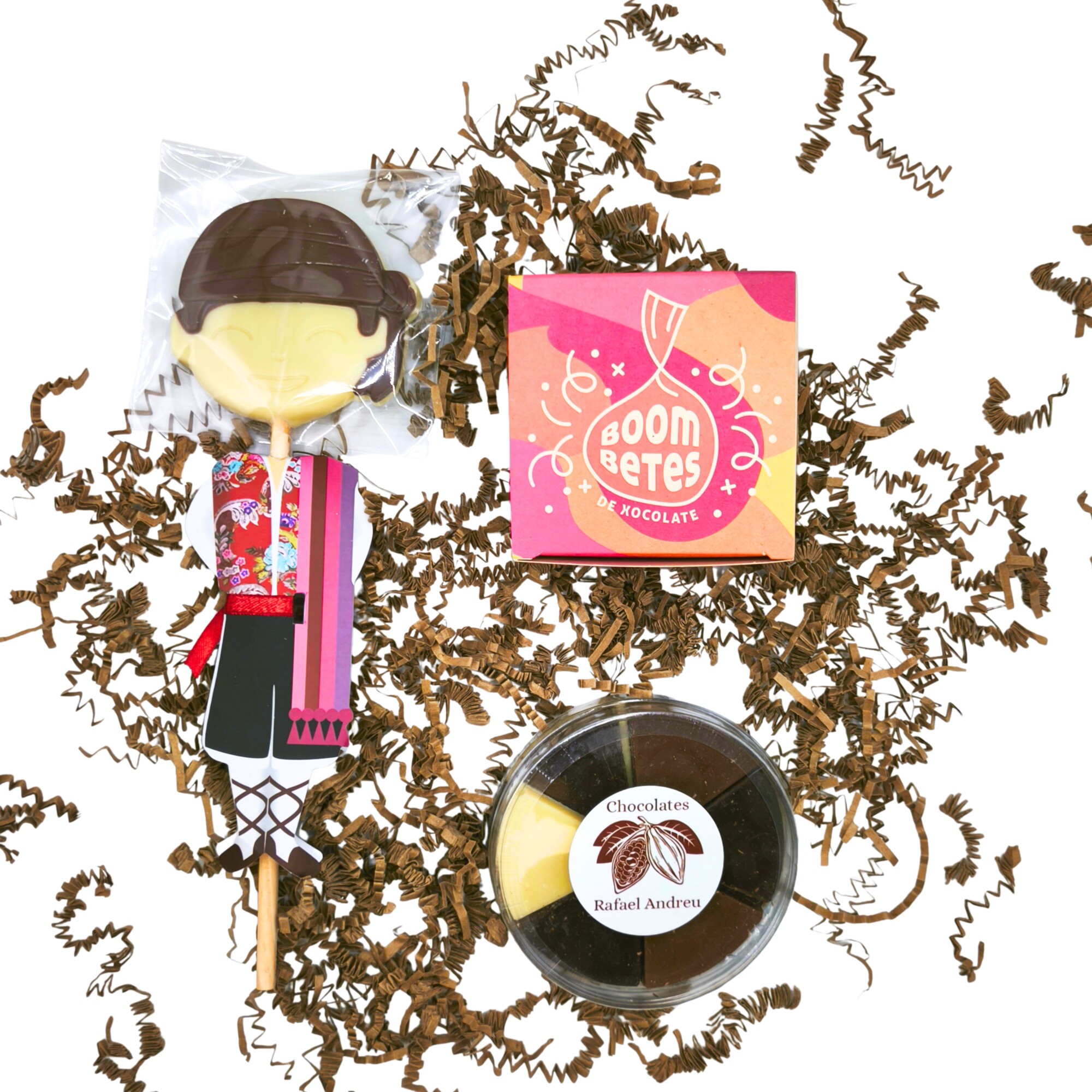 Cesta gourmet fallero con chocolate artesanal valenciano blanco, con leche y negro, pack regalo sin alcohol para Fallas