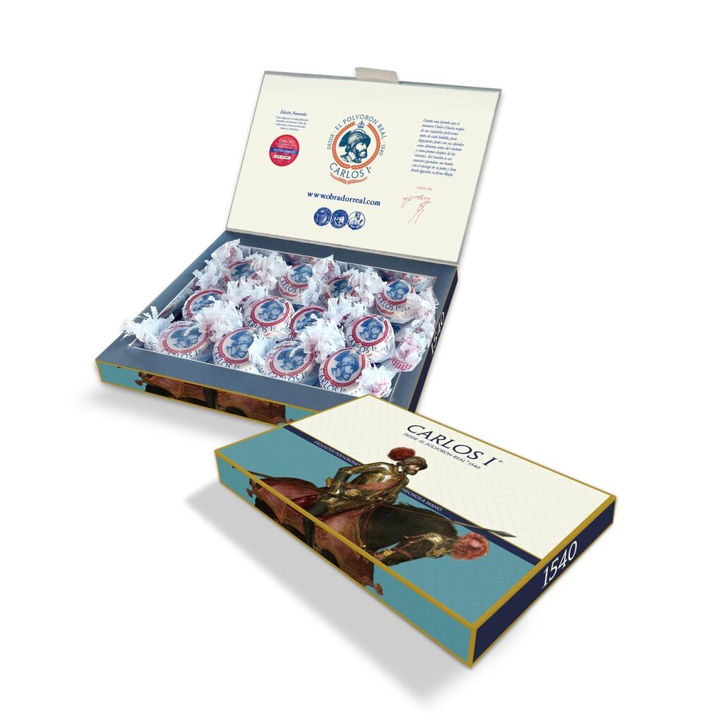 Estuche polvorones Carlos I con caja abierta y cerrada