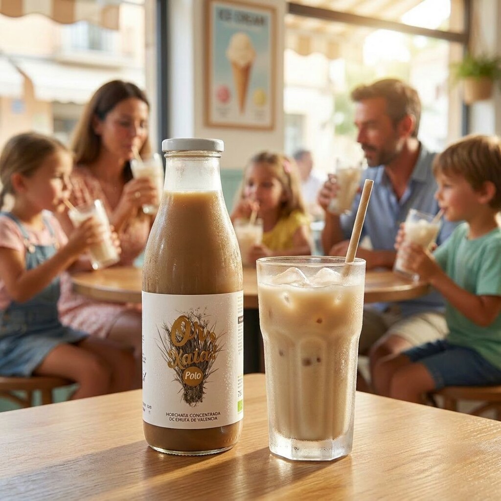 Vaso de horchata fresca tradicional en una horchatería valenciana con una familia de fondo