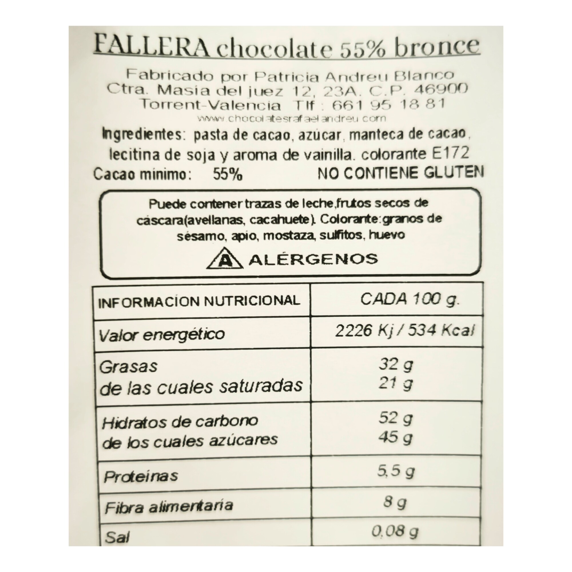 Lista de ingredientes y composición nutricional de fallera de chocolate lista para regalar