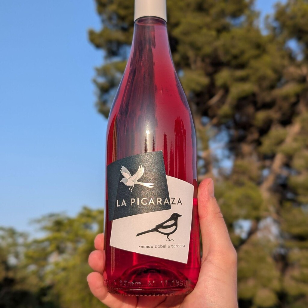Una mano sostiene una botella de vino rosado La Picaraza al atardecer