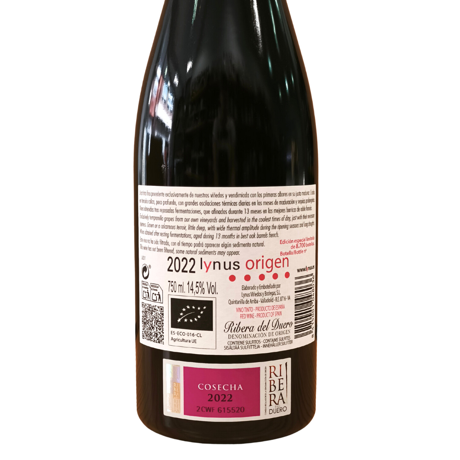 Contraetiqueta botella de vino tinto Ribera del Duero 'Lynus' Origen