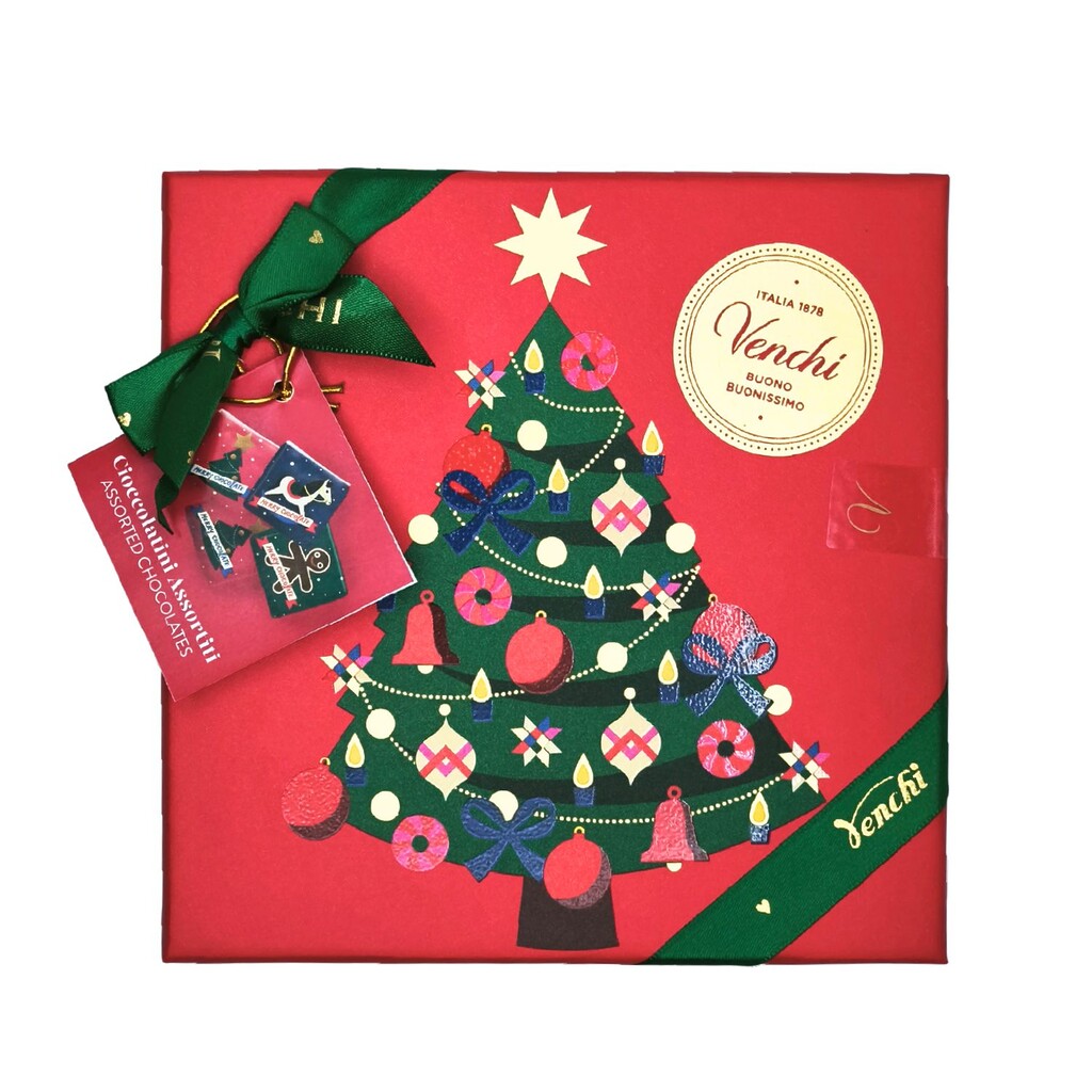 Caja napolitanas de chocolate surtidas con packaging de Navidad con árbol adornado Venchi