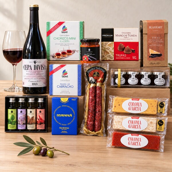 Lote Navidad Riojana de Amossos con vino Rioja, conservas, longaniza, aceites y dulces