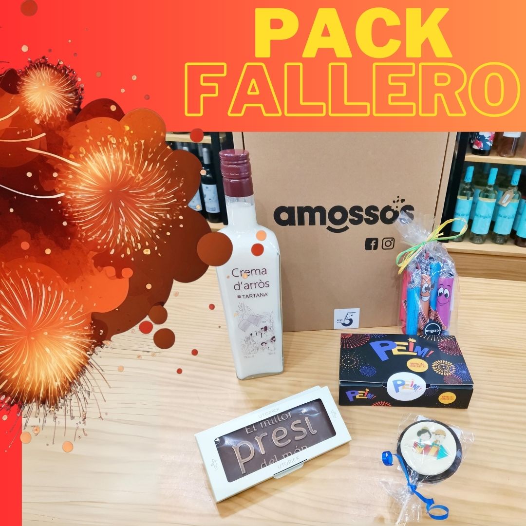 Pack de productos gourmet típicos de fallas, con chocolate y licor de arroz