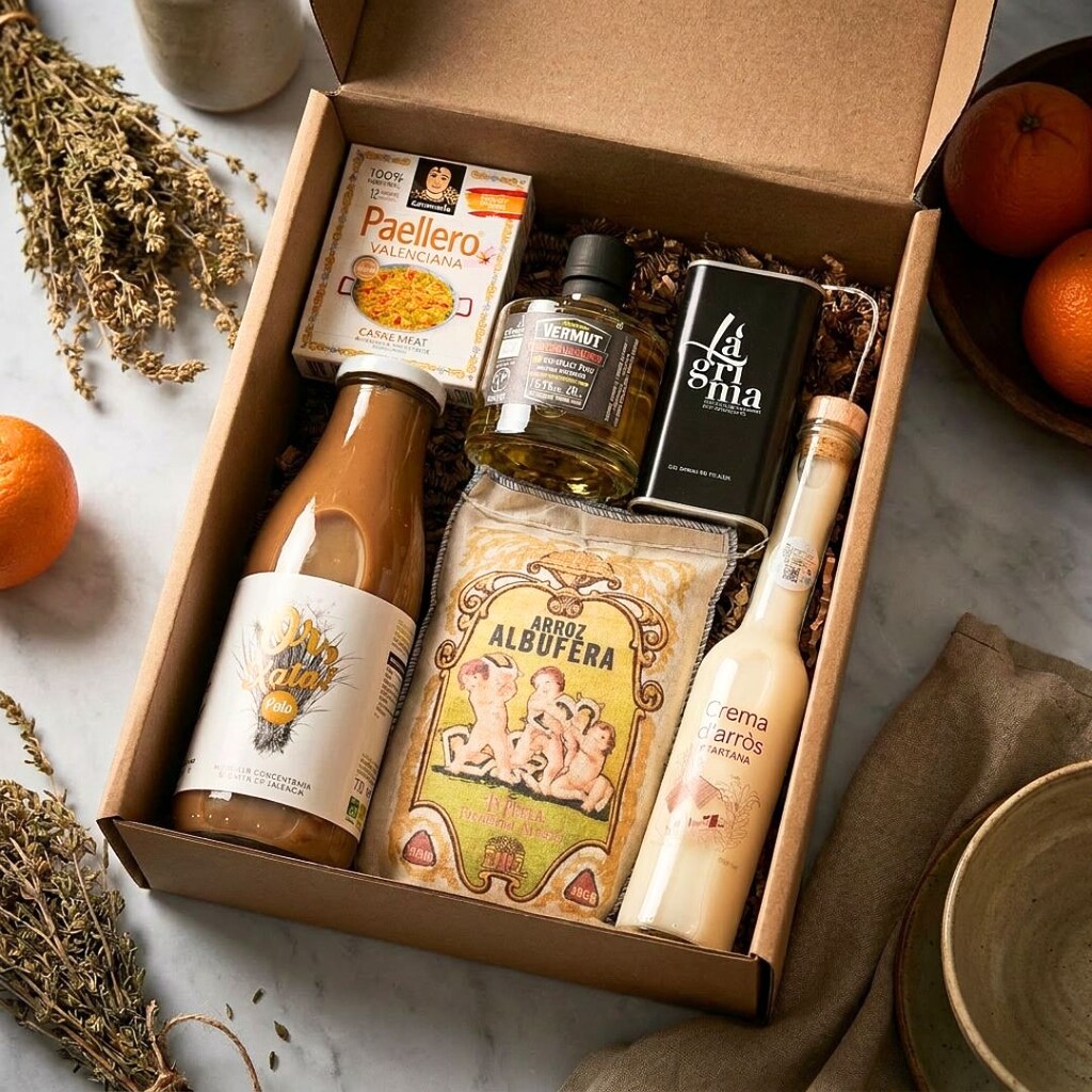 Caja regalo gourmet horchata, licor de arroz, arroz Bomba, paellero, vermut naranja y aceite de oliva virgen extra