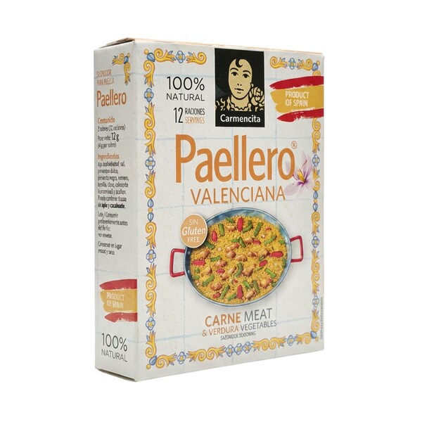 Caja de Paellero Valenciana Carmencita con 3 sobres para regalo gourmet