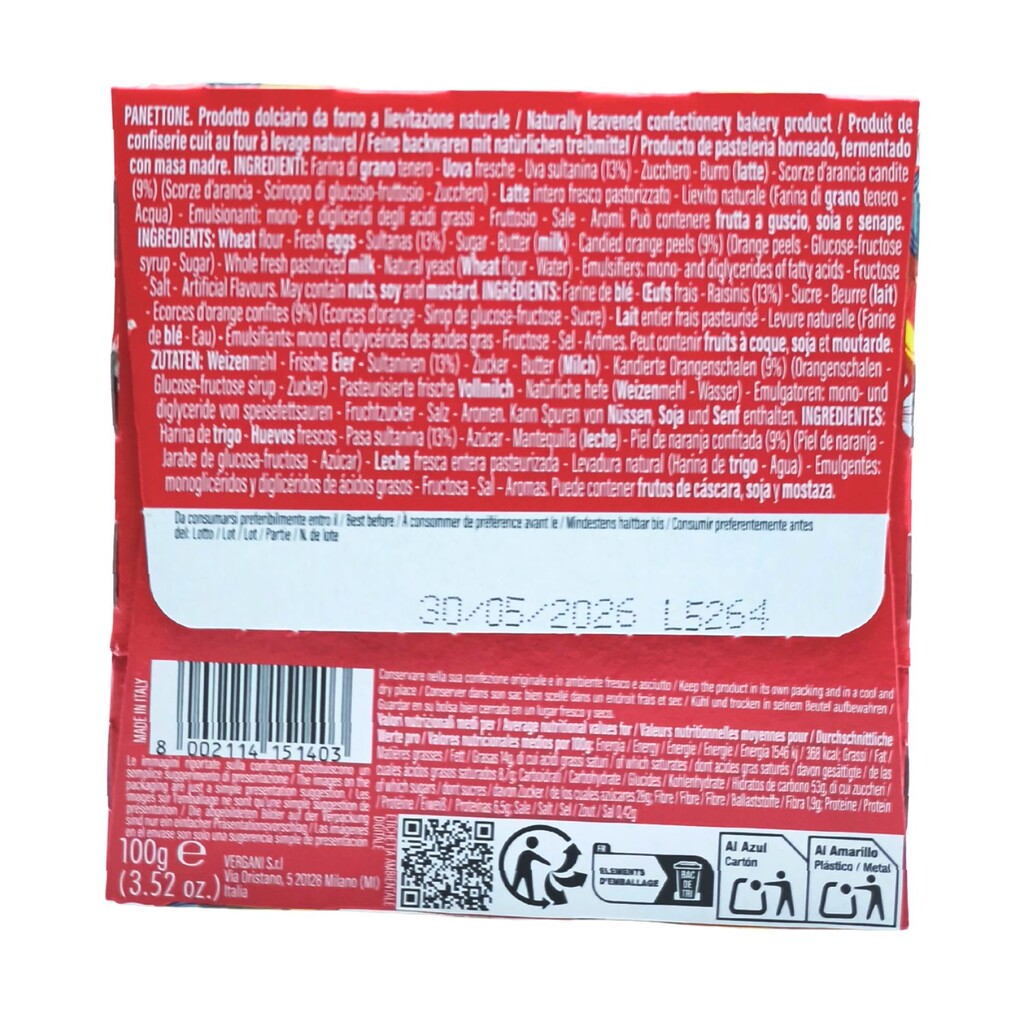 Panettone pequeño clásico Vergani ingredientes y composición nutricional