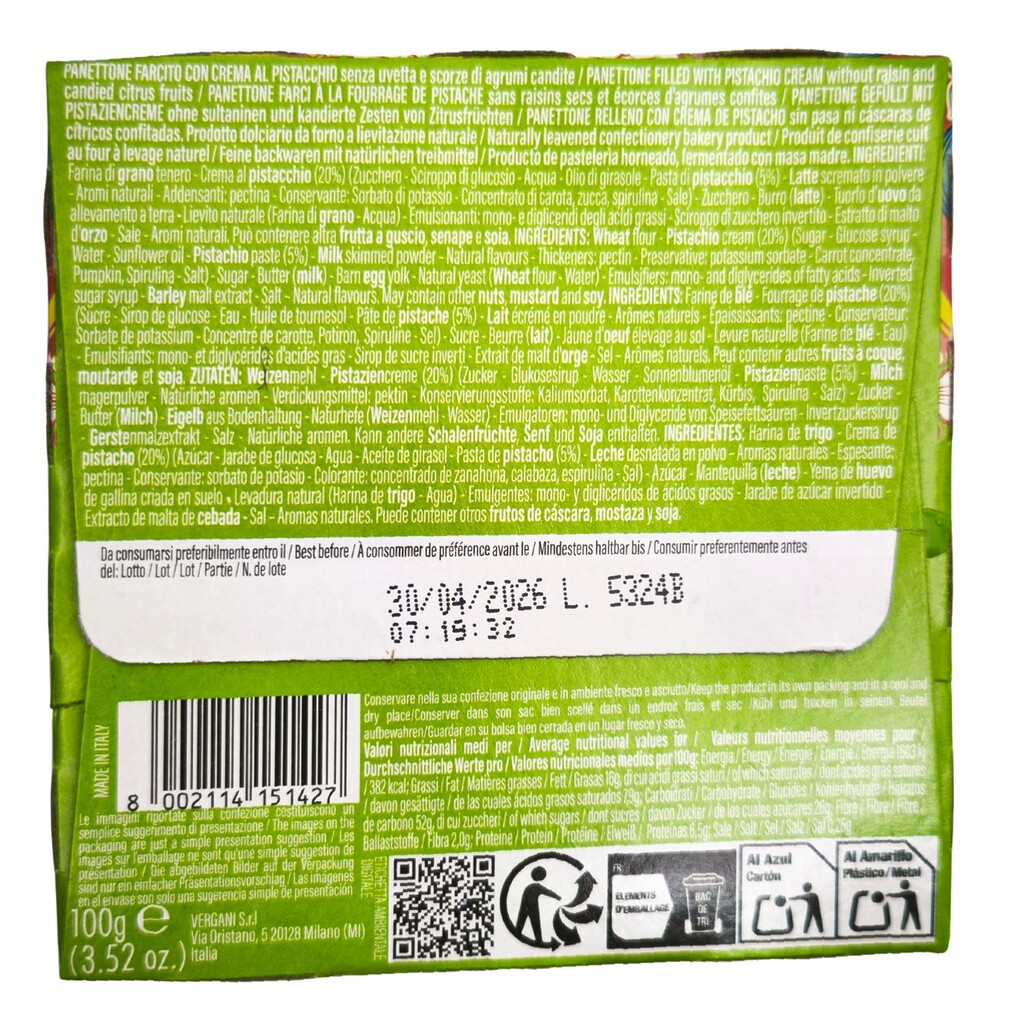 Ingredientes y composición nutricional del panettone pequeño de pistacho 'Vergani'