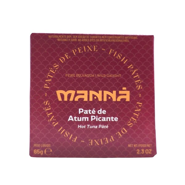 Imagen del envase del Paté de Atún Picante Manná, presentado en lata con estuche de cartón, destacando el diseño atractivo y la información esencial para conservar la frescura y calidad del producto