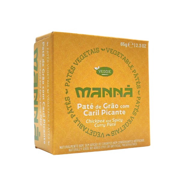 Envase de paté de garbanzos Manná con curry picante, presentación 65g, paté vegetal cremoso y especiado