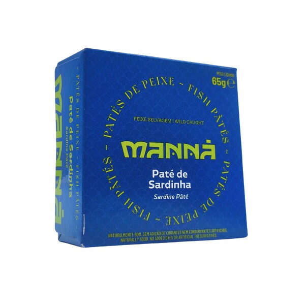 Imagen del envase del Paté de Sardina Manná, mostrando su presentación en lata con estuche de cartón, que refleja calidad, frescura y tradición desde 1986