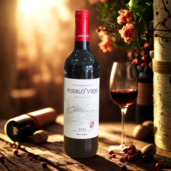 Botella completa de vino tinto Pueblo Viejo Crianza 2022 D.O.Ca. Rioja