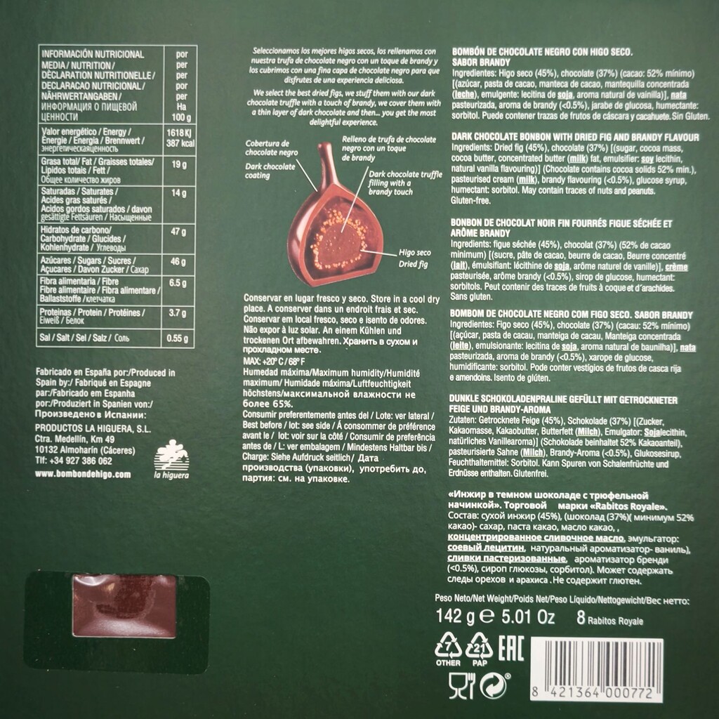 Ingredientes y composición nutricional bombones de chocolate negro con higo seco 'La HIguera edición Navidad