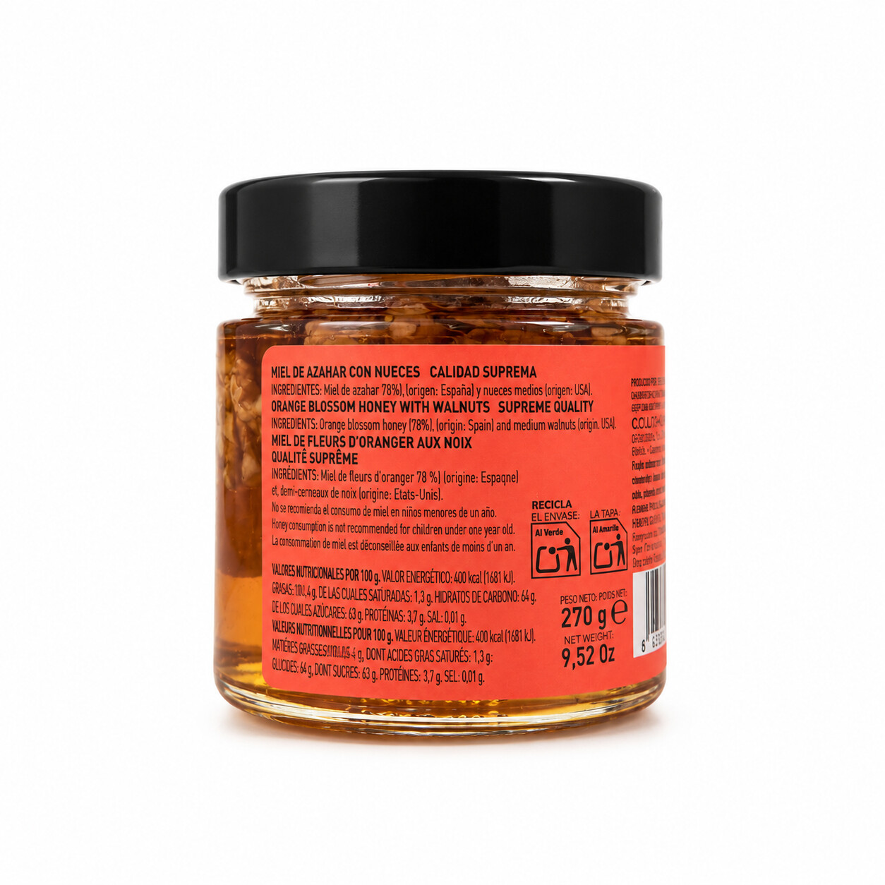 Tarro de miel de azahar con nueces Coloma García 270 g, con tapa negra y precinto naranja