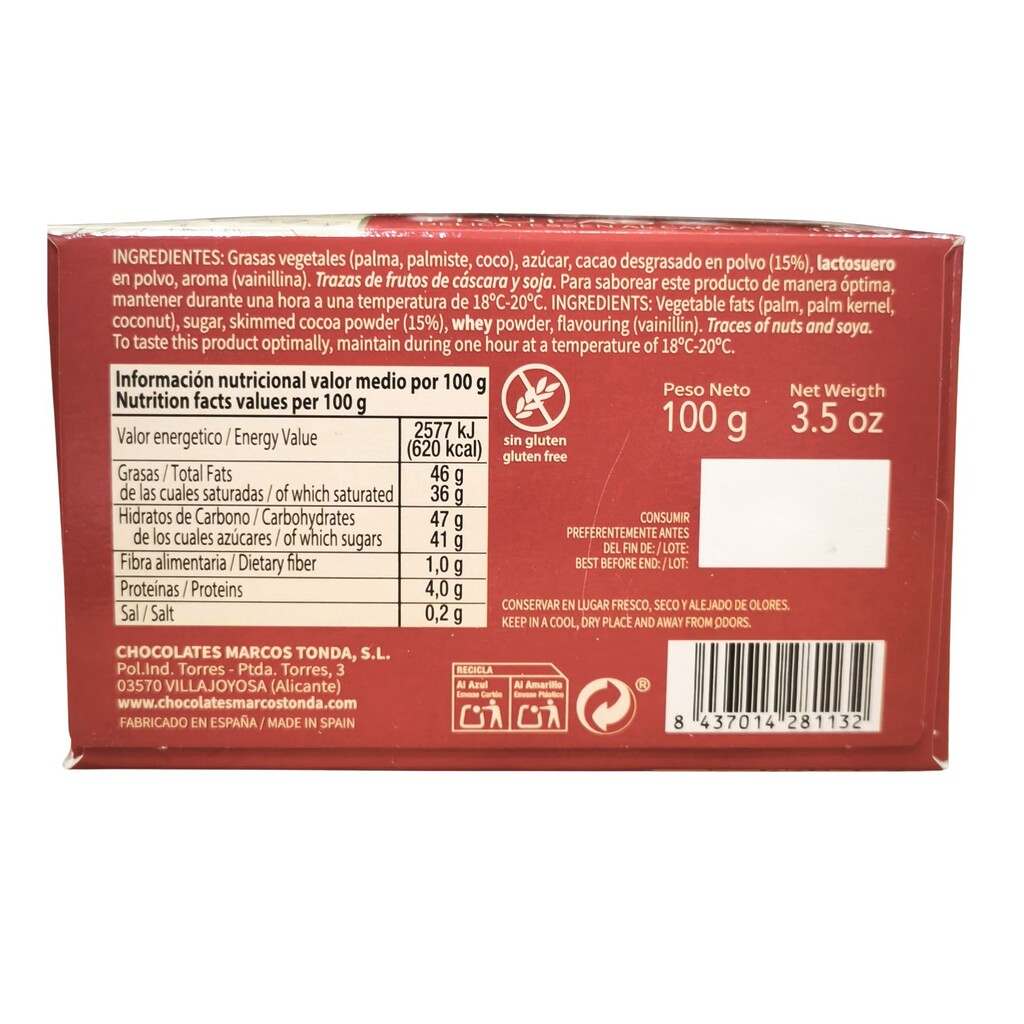 Etiqueta ingredientes y composición nutricional de las trufas Marcos Tonda