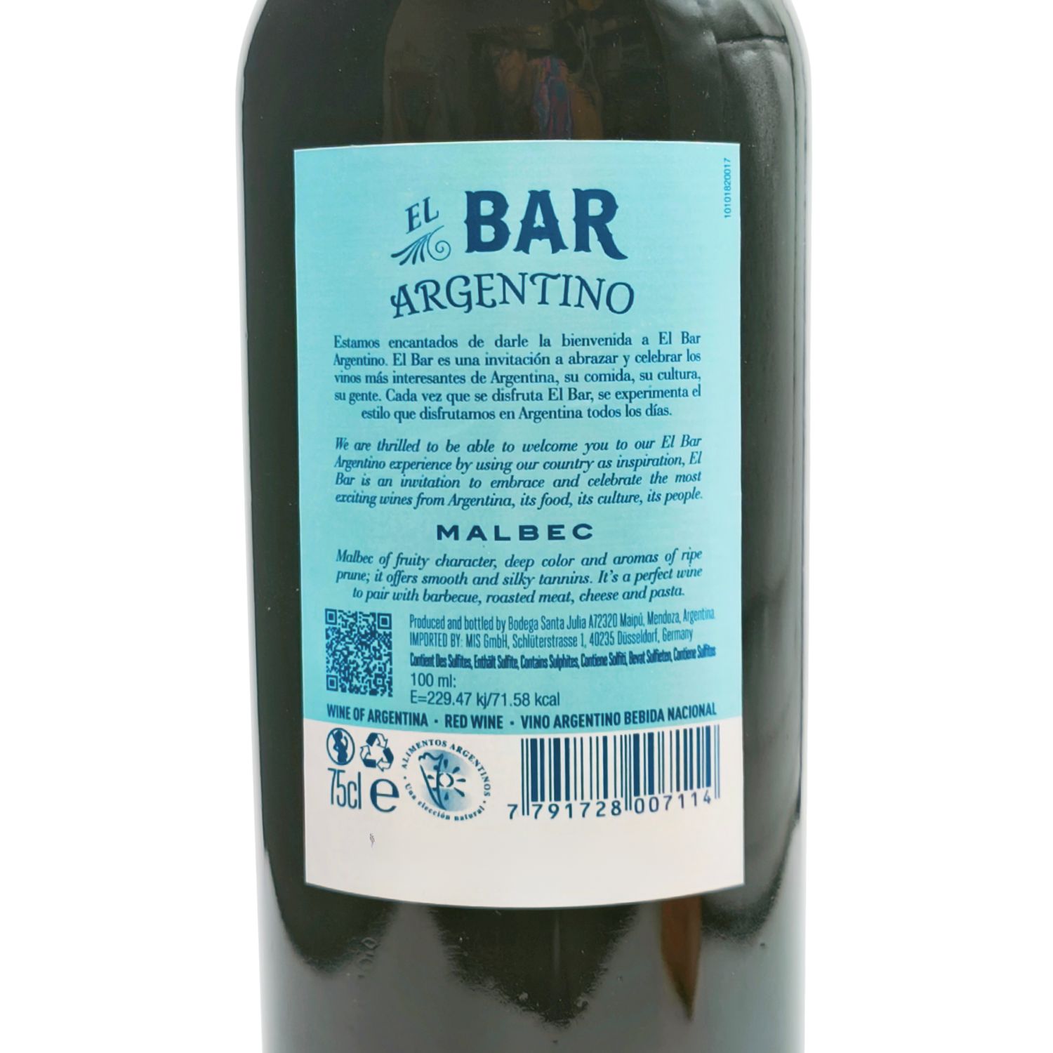 Contraetiqueta vino tinto malbec El Bar Argentino Mendoza